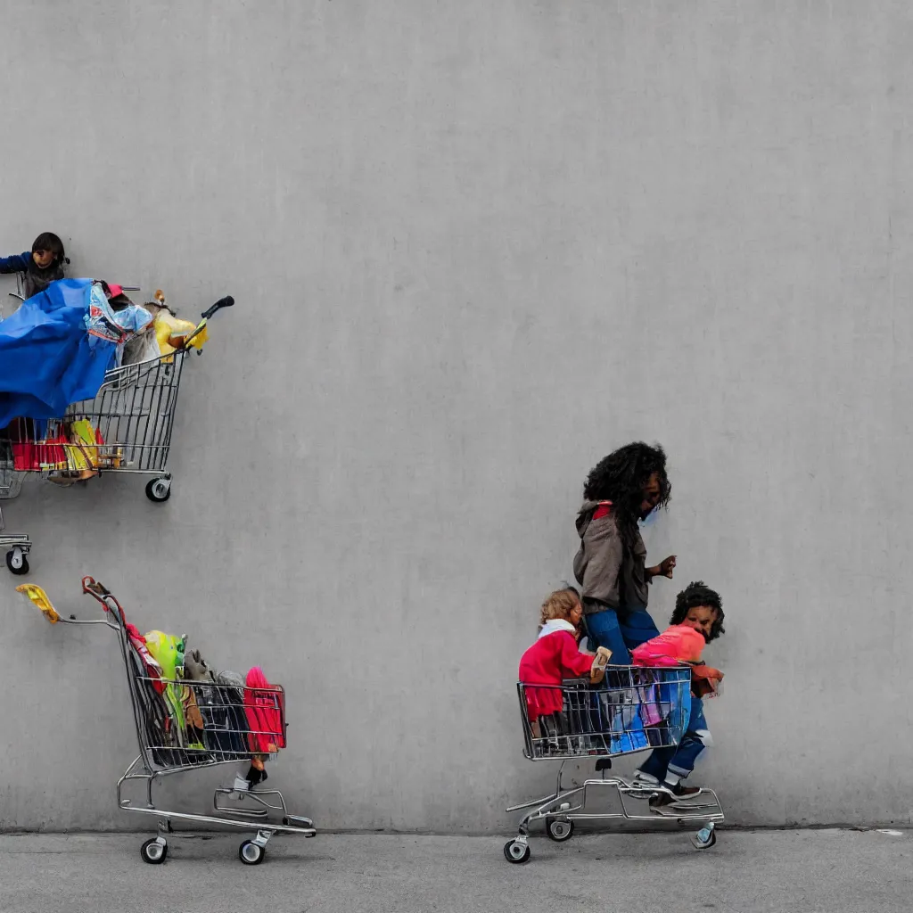 Image similar to homeless mother pushing a shopping cart with a child riding in it, in front of a blank wall, hyperrealistic