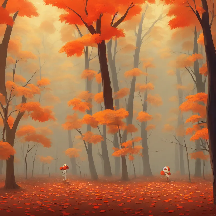 Image similar to goro fujita ilustration a forest full of leaves on the ground, tall autumn trees that let in small streaks of light to the ground, painting by goro fujita, sharp focus, highly detailed, artstation