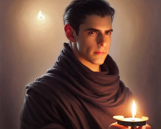 Image similar to a mind - blowing portrait of a fortune seeker male, clean shaven, holding a candle holder, wearing dark maritime clothing, intelligent, deep focus, d & d, fantasy, intricate, elegant, highly detailed, digital painting, artstation, concept art, matte, sharp, illustration, hearthstone, art by artgerm and greg rutkowski and alphonse mucha