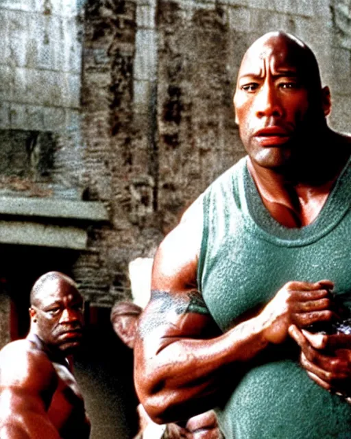 Image similar to film still close - up shot of dwayne johnson as john coffey petting a mouse in the movie the green mile. photographic, photography