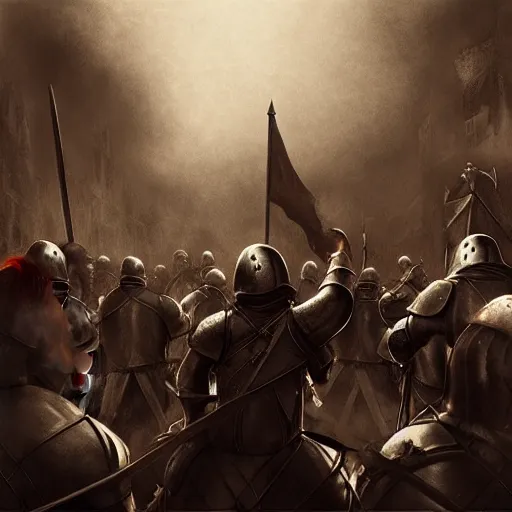 Image similar to realistic, 5 medieval knights, soldiers, in line, pikes, hellbards, banner, flag, mist, picture from behind, epic, digital art, illustration, fantasy, realistic sketch, dark