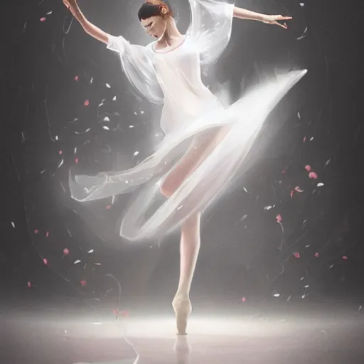 Image similar to woman dancer, lot of white petals in room, ultra ethereal illustration, trending on artstation, concept art, fantasy art, Pareidolia