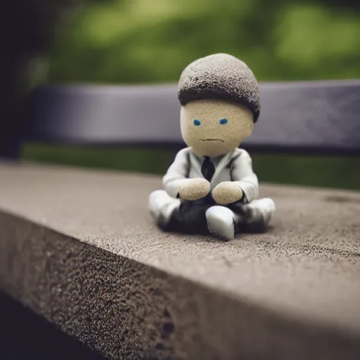 Prompt: macro photography of a tiny plastic depressed man in a suit, sitting on a bench with his cat, 3 5 mm macro shot,