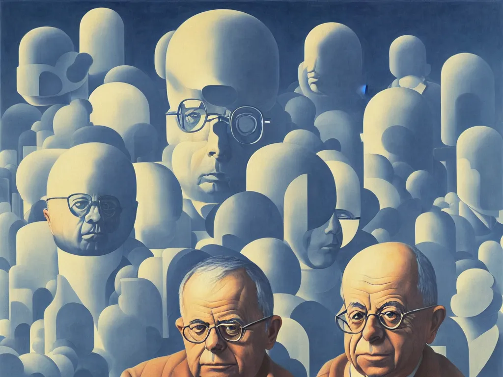 Image similar to the giant head of stanislaw lem is hovering above the futurological congress, painted by james jean and rene magritte