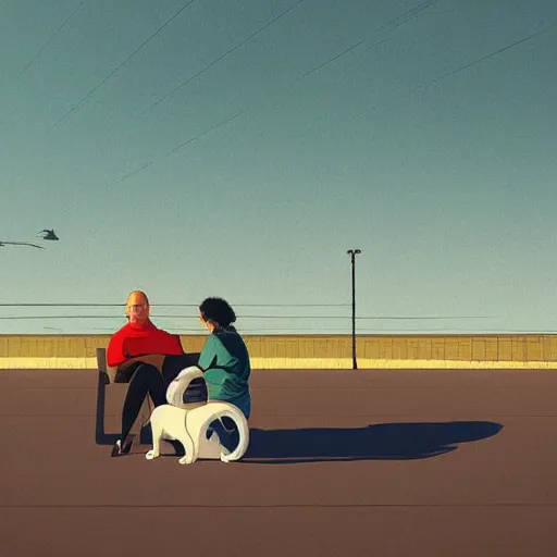 Image similar to a man and a woman sitting down with their white cat, the boy is bald with a brown baseball hat, the girl has short curly black hair, art by Alena Aenami