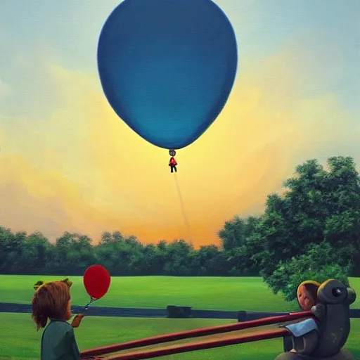 Image similar to eye - level view, shot from 5 0 feet distance, baby yoda plays is on a seesaw at a tranquil city park. a balloon vender sells balloons in the background. depth, dramatic clouds, setting sun. golden hour, oil on canvas painting, detailed, depth, volume, chiaroscuro, quiet intensity, serene.