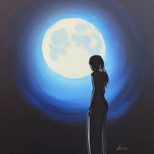 Image similar to a blue and black painting of a woman silhouetted by a full moon. Trending on ArtStation