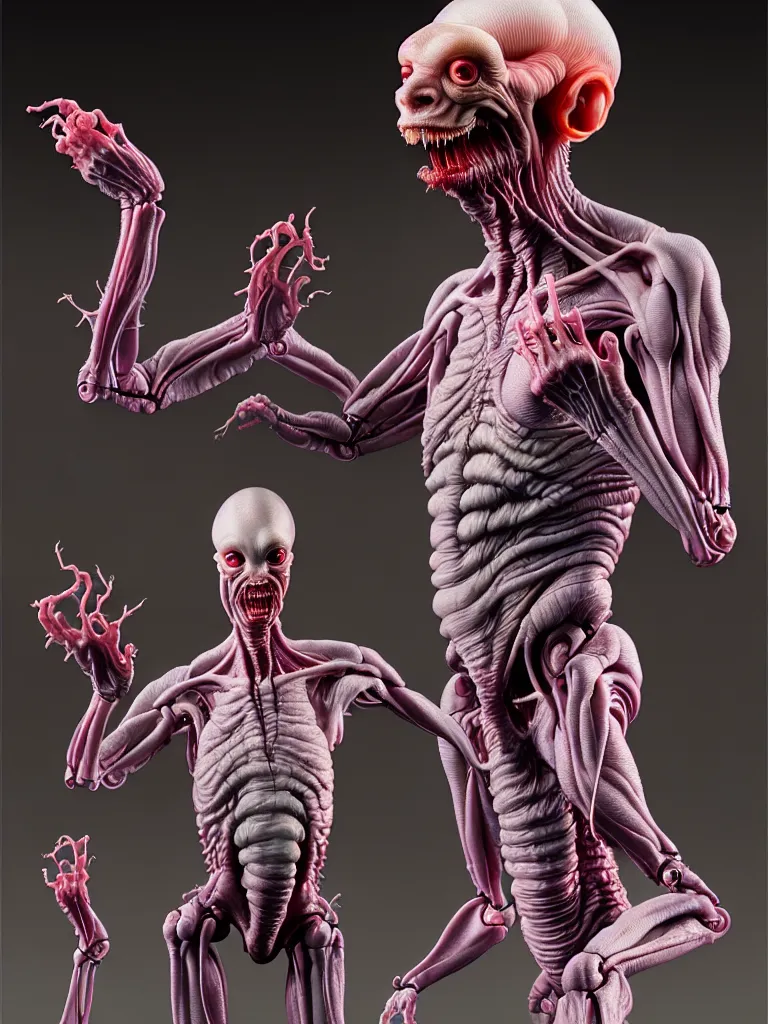 Image similar to hyperrealistic rendering, fat smooth cronenberg flesh monster transparent grey alien by donato giancola and greg rutkowski and wayne barlow and zdzisław beksinski, product photography, action figure, sofubi, studio lighting, colored gels