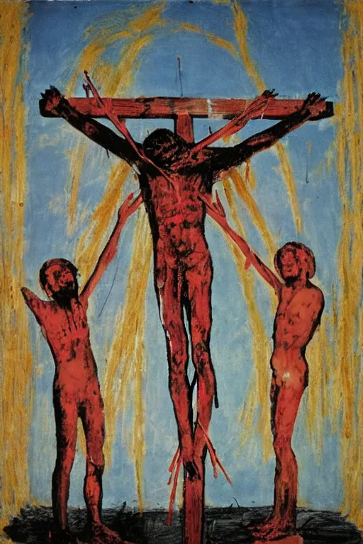 Image similar to bloody christ crucified and some bright ufo in the sky painted by cy twombly and andy warhol