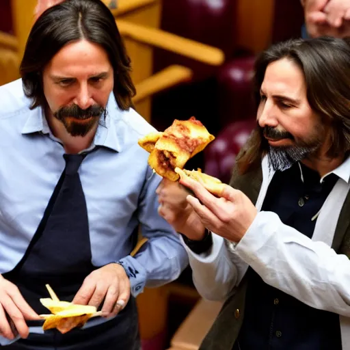 Prompt: pablo iglesias and santiago abascal sharing a kebab in the houses of parliament