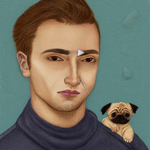 Prompt: self portrait, young white hispanic handsome man with short light brown hair and light skin and a 5 o clock shadow and holding a pug while fighting against 2 swordsmen pencil art, added detail, high definiton, colored, backfacing, illustrated by davinci