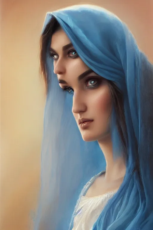 Image similar to arab ameera al taweel, bright blue eyes, long wavy black hair, white veil, front closeup, cinnamon skin color, elegant, highly detailed, centered, oil painting, artstation, concept art by tom bagshaw