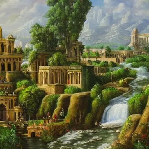 Prompt: highly detailed oil painting of the city of babylon. luscious green plants and waterfalls flowing out of the stone walls