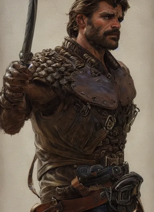 Image similar to portrait of a ruggedly handsome ranger, hands details, muscular, full body, leather, hairy, d & d, fantasy, intricate, elegant, highly detailed, digital painting, artstation, concept art, smooth, sharp focus, illustration, art by artgerm and greg rutkowski and alphonse mucha