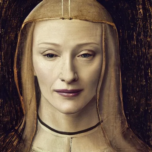 Image similar to painting of cate blanchett as a saint by leonardo davinci