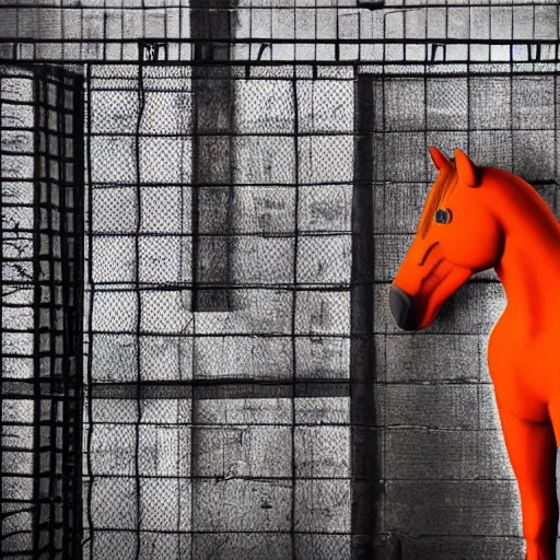 Image similar to horse with orange inmate clothes, in a jail
