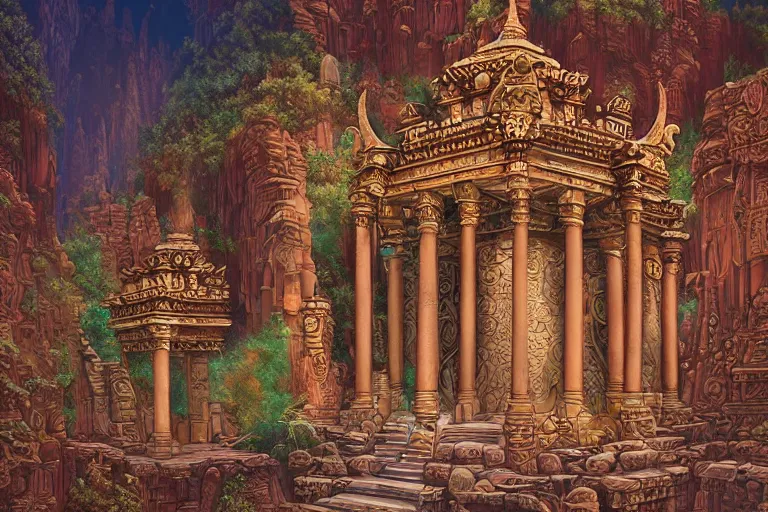 Prompt: Detailed render of an ancient intricate and ornate temple in canyon by Michael Whelan and Benjamin Lacombe and Megan Duncanson, super details, colorful, ornate background, intricate details