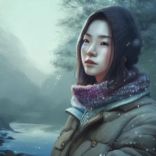 Prompt: the portrait a beautiful grocery young asia woman in down jacket, with a goosethe background is dust earth road ， river winter an snow, illustration by wenjun lin, irakli nadar, bright colors, octopath traveler, wenjun lin, unreal engine 5 highly rendered, global illumination, radiant light, detailed and intricate environment