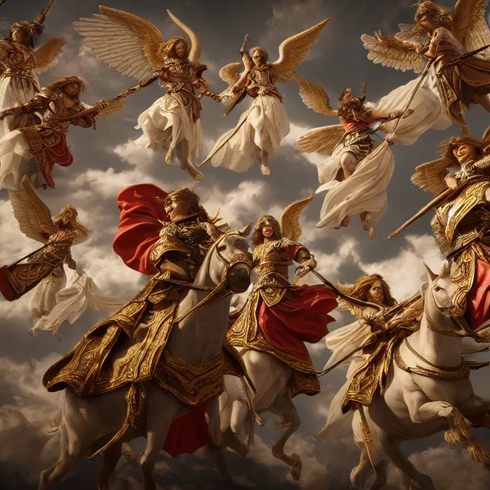 Image similar to photograph of a real-life beautiful angels with ornate robes flying into battle. Extremely detailed. 8k