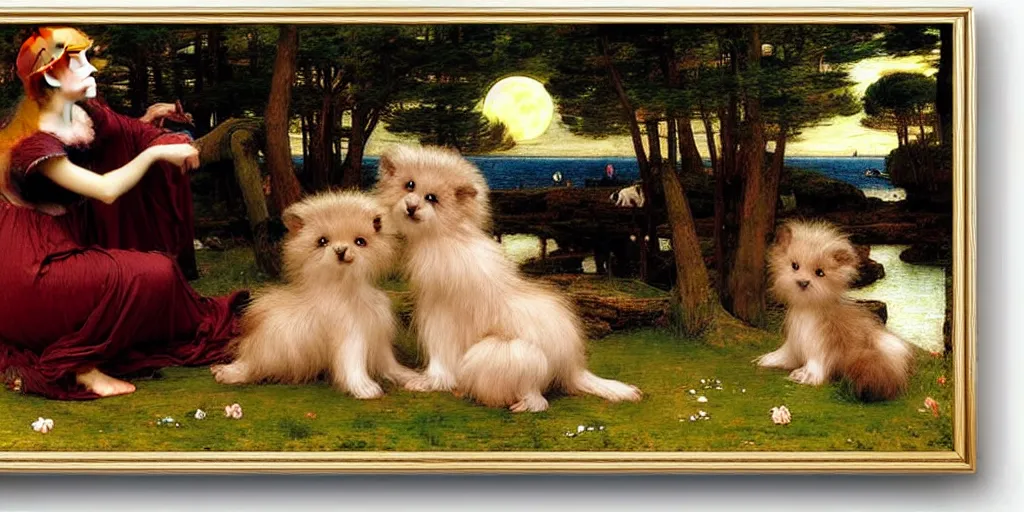 Image similar to 3 d precious moments plush animal, realistic fur, moonrise by the sea, master painter and art style of john william waterhouse and caspar david friedrich and philipp otto runge