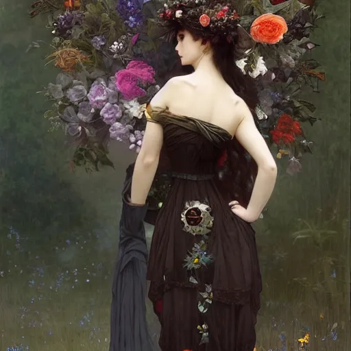 Image similar to goth girl wearing dress made out of various types of flowers, intricate, art by artgerm and greg rutkowski and alphonse mucha and william - adolphe bouguereau, high detailed, 4 k,