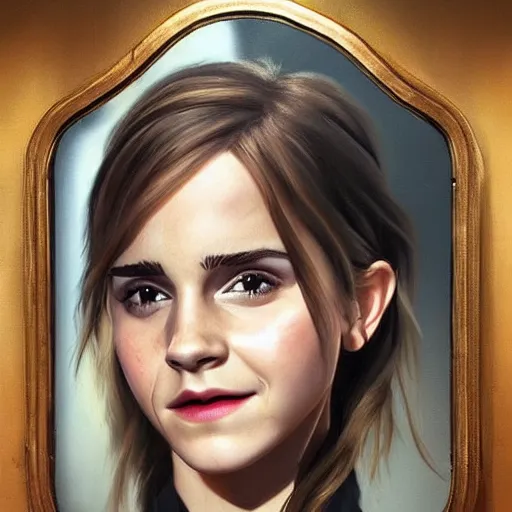 Prompt: “ a realistic painting of emma watson portrait viewed through a fun house mirror, unreal engine, trending on artstation, melting ”