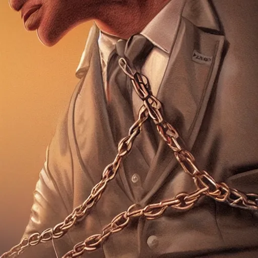 Image similar to congressmen chained to money bags ultra detailed hyper realistic deep focus smooth artstation wlop intricate highly detailed award winning