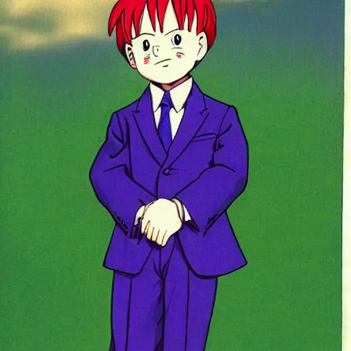 Prompt: pale little boy wearing a purple suit, artwork by toriyama togashi