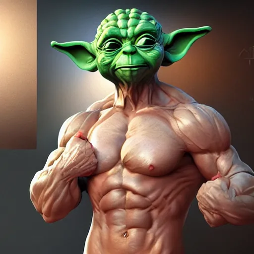 Image similar to bodybuilder yoda, au naturel, hyper detailed, digital art, trending in artstation, cinematic lighting, studio quality, smooth render, unreal engine 5 rendered, octane rendered, art style by klimt and nixeu and ian sprigger and wlop and krenz cushart