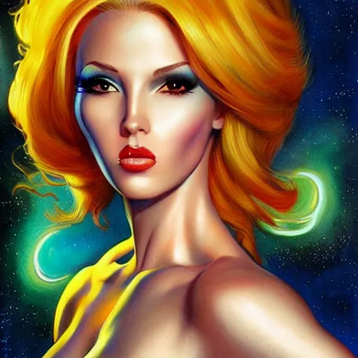 Prompt: retrofuturistic female android, painting by artgerm julie bell