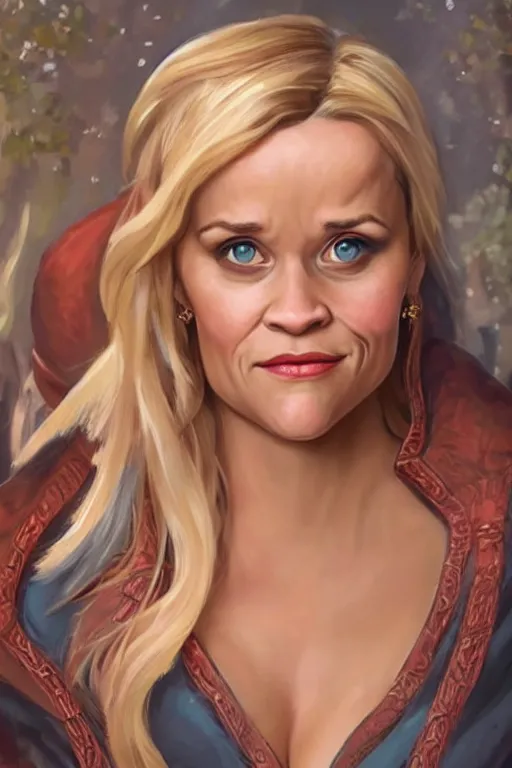 Prompt: reese witherspoon portrait as a dnd character fantasy art.