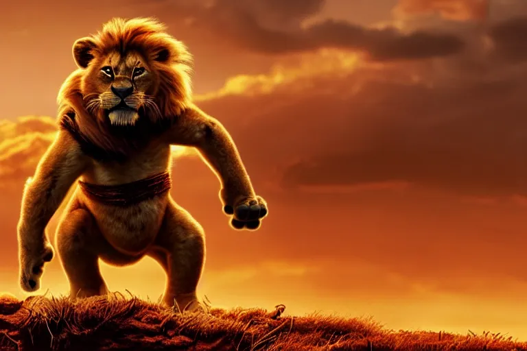 Image similar to simba ( from the lion king ), heavily armed and armored facing down armageddon in a dark and gritty version from the makers of mad max : fury road : witness me