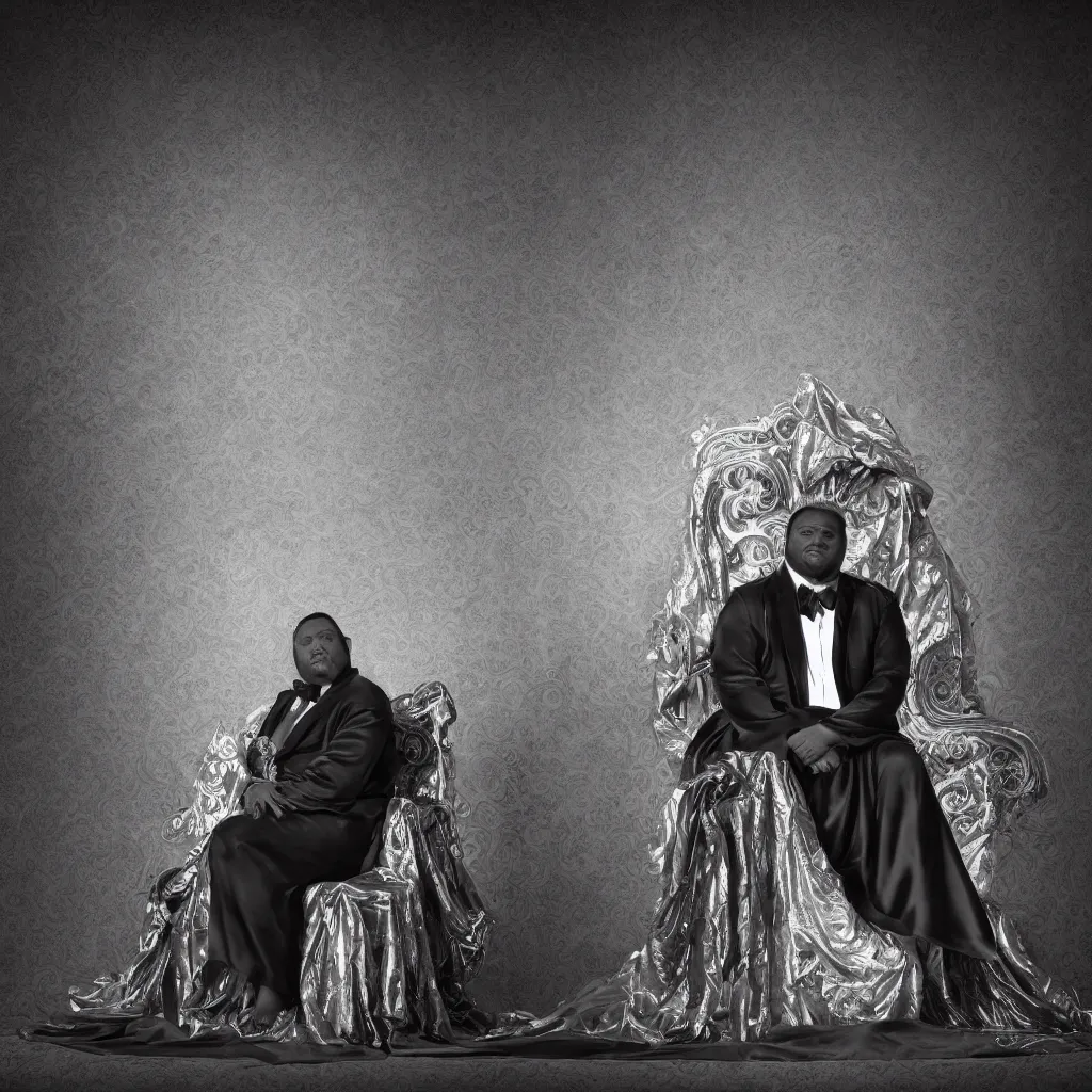 Prompt: single Large black man sitting on throne wrapped in silk, background made of large folding silky curtains, dark, 8K photo realistic, black and white color, dimly lit, butterfly lighting, dark