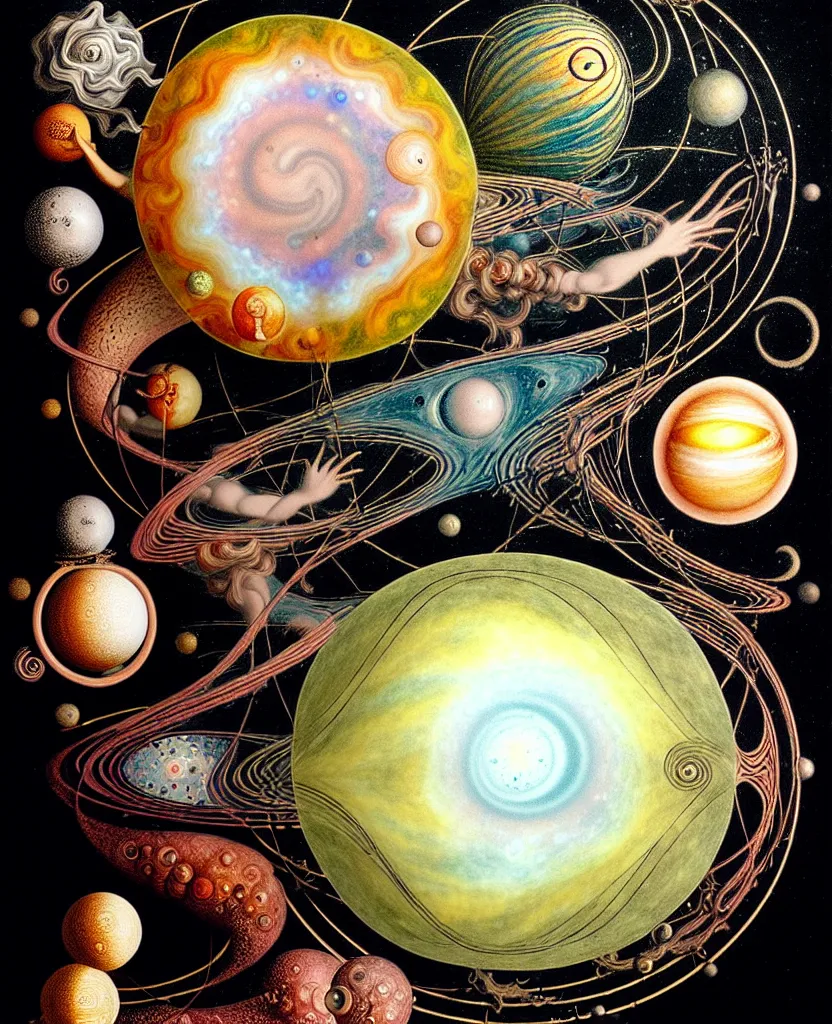 Image similar to whimsical uncanny creature alchemizes unique canto about'as above so below'being ignited by the spirit of haeckel and robert fludd, breakthrough is iminent, glory be to the magic within, to honor jupiter, painted by ronny khalil