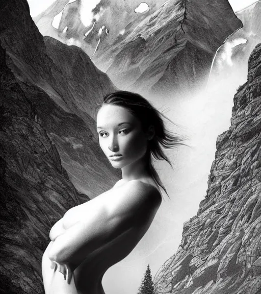 Image similar to tattoo design of beautiful woman against a background of beautiful mountains and nature, in the style of den yakovlev, black and white, hyper realistic, highly detailed