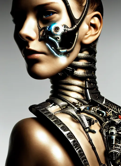 Prompt: a stunning young female cyborg profile face, face is made intricate tribal bio - mechanical, editorial photography, schlieren, depth of field, f / 2. 8, high contrast, 1 6 k, rays of shimmering light, volumetric lighting, shiny, insanely detailed and intricate, hypermaximalist, elegant, ornate, hyper realistic, super detailed