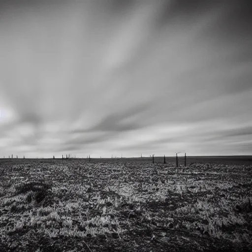 Image similar to radioactive spike field, creepy monotone black and white lighting, post nuclear fallout, desolate, no life, high resolution, old photo,