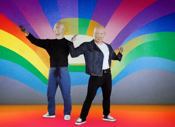 Image similar to japanese man with bald head and beard wearing short denim and leather clothes dancing next to a rainbow, full body portrait, dynamic lighting