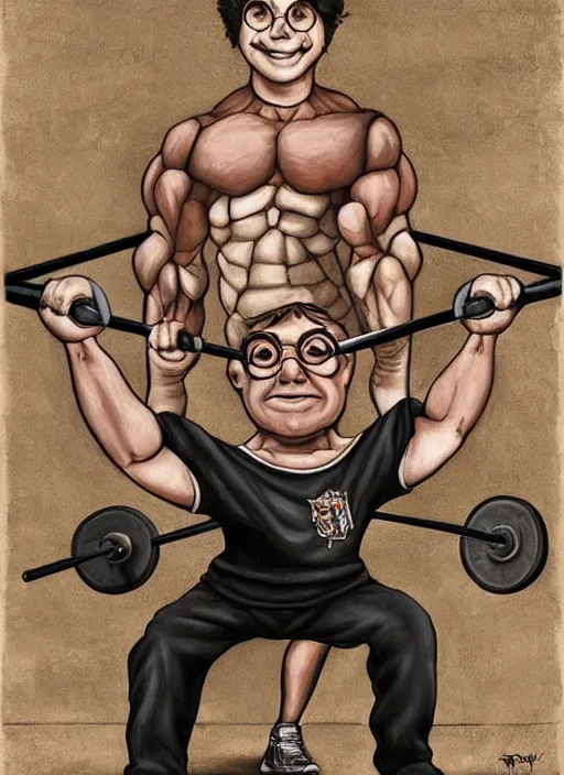 Image similar to a painting of Harry Potter doing barbell back squats, dingy gym, wearing a muscle tee shirt, an ultrafine detailed painting by Mark Ryden, trending on deviantart, pop surrealism, whimsical, lowbrow, grotesque