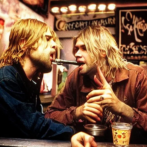 Image similar to a close - up stunning fantasy scene of kurt cobain drinking at a bar with layne staley | highly detailed | very intricate
