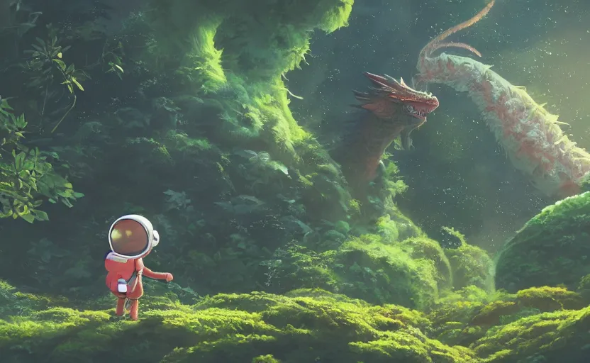 Image similar to a still of a cute adorable tiny astronaut, on a planet of lush foliage, with an enormous kaiju dragon surrounding the background, magical forest, sharp focus, neon backlit, highly detailed, disney pixar studio ghibli makoto shinkai, digital painting, matte, octane render, global illumination, iridescent, anime, 8 k concept art