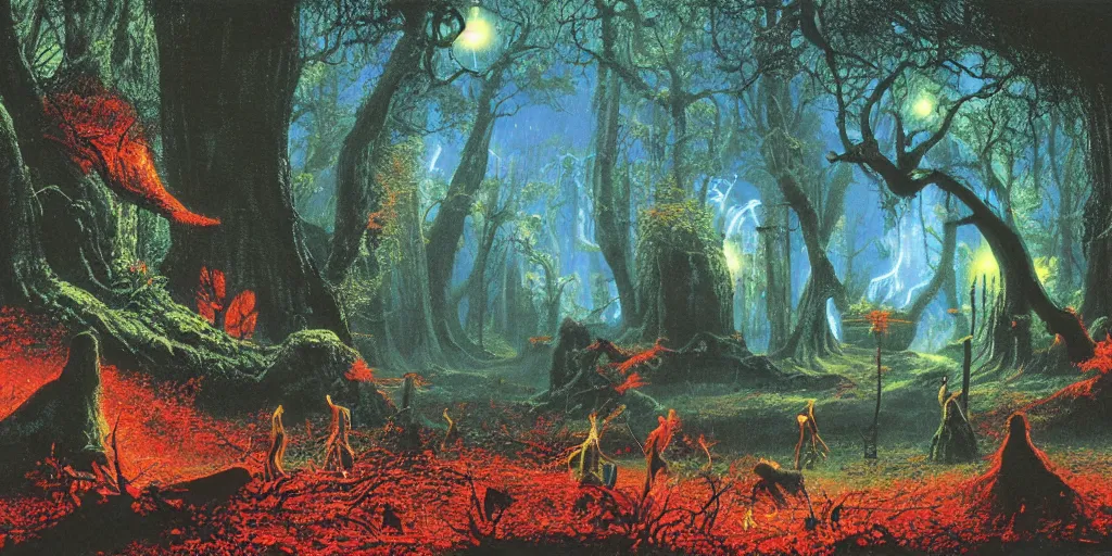 Image similar to Artwork by Tim White of the cinematic view of the Woodland of the Dark Lord.