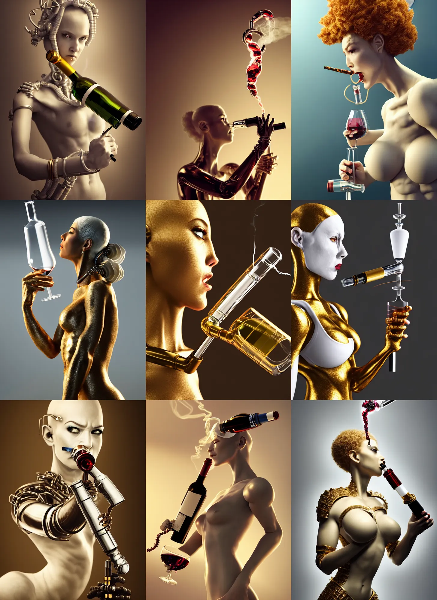 Prompt: white corkscrew cyborg smoking a wine bong | exoric jewelry | glamorous oily soft polished rich alluring ornate modern | weta disney movie still photo | hi - fructose, sci fi fantasy, golden ratio, smooth, octane render, sharp focus, artstation, concept art | beeple, artgerm, mucha, rutkowski, feng zhu |