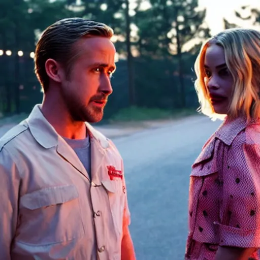 Image similar to still of ryan gosling and margot robbie, in stranger things