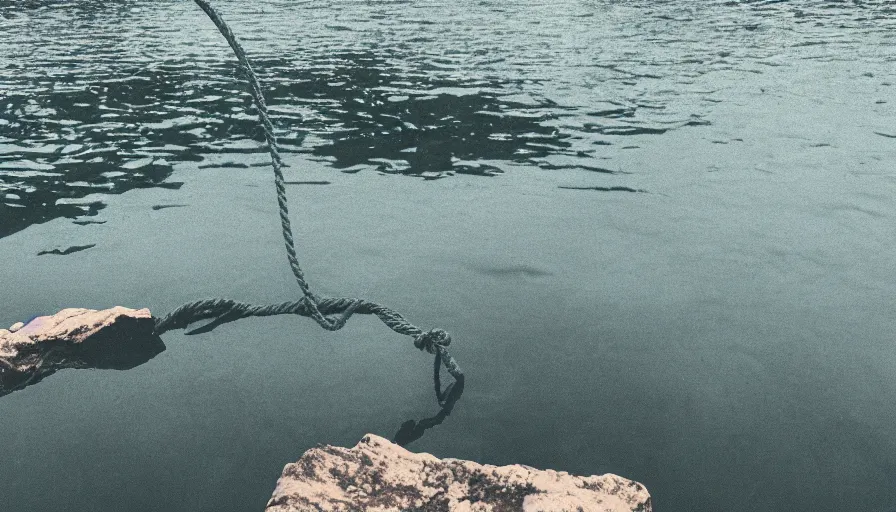 Image similar to photo of a rope on the surface of water, in the middle of a lake, overcast day, rocky foreground, 2 4 mm leica anamorphic lens, moody scene, stunning composition, hyper detailed, color kodak film stock