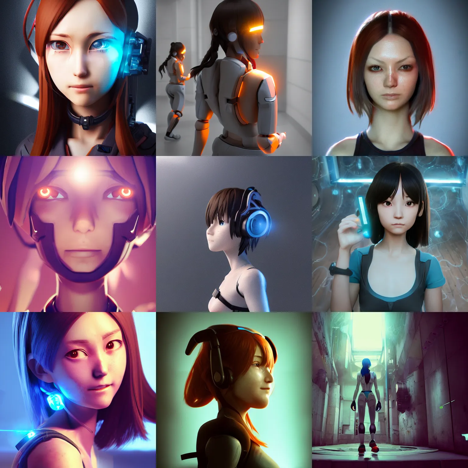 Prompt: portal game valve, anime!!! cyborg photo - realistic woman!!!! soft running, ( shy smiling small face ), anime!! eyes, rembrandt, octane render, artstation, 5 0 mm, depth of field