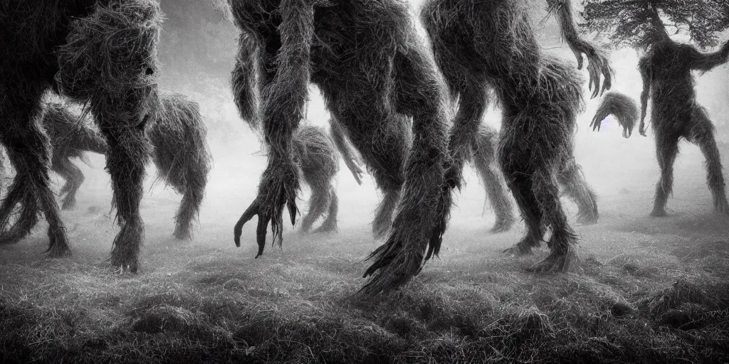Prompt: photography of hay monsters, dancing, forest, dolomites, alpine, detailed intricate insanely detailed octane render, 8k artistic 1920s photography, photorealistic, black and white, chiaroscuro, hd, by David Cronenberg, Raphael, Caravaggio