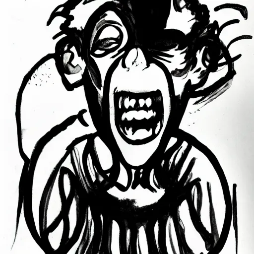 Image similar to portrait of crazy person screaming black ink on paper