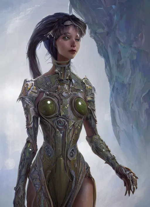 Image similar to a professional painting of a beautiful young female alien, clothed in ethereal armor, olive skin, long dark hair, beautiful bone structure, symmetrical facial features, intricate, elegant, digital painting, concept art, smooth, sharp focus, illustration, from Valerian and the City of a Thousand Planets, by Ruan Jia and Mandy Jurgens and Artgerm and William-Adolphe Bouguerea