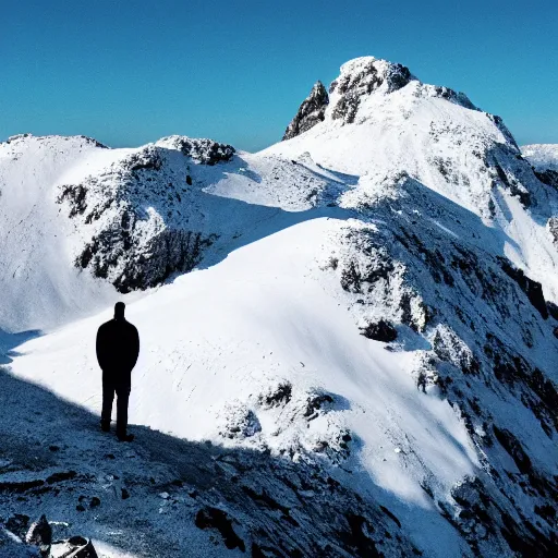 Image similar to man on snowy mountain, simple, mysterious